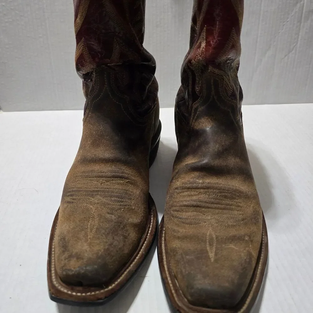 Lucchese Boots Men's 8.5 Brown Red Western Cowboy Square Toe CZ35037